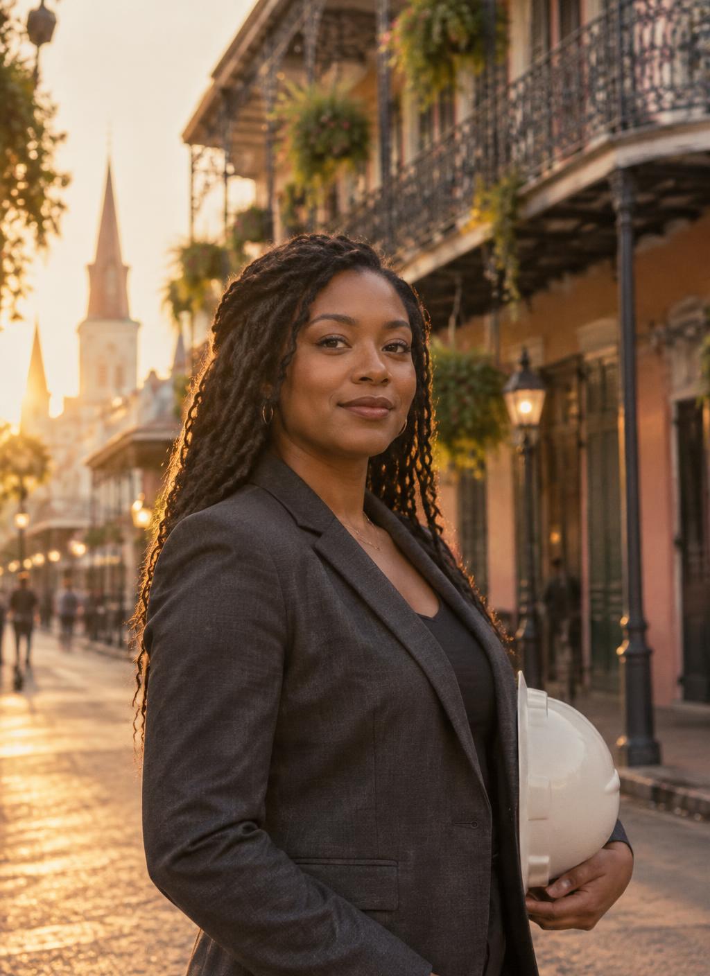 A Black engineer on a French Quarter street at golden hour
